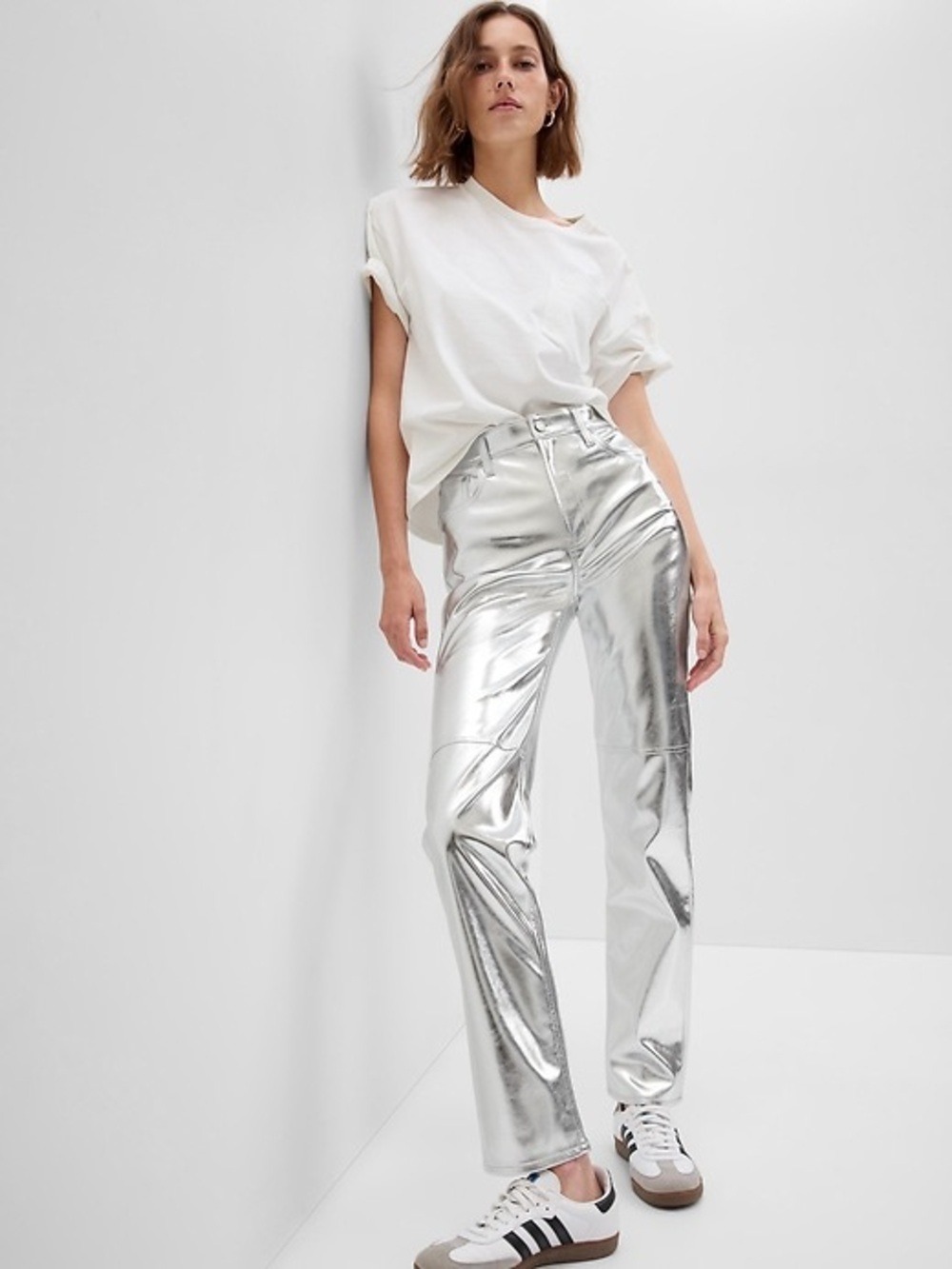 GAP High Rise Vegan Leather Cheeky Straight Pants in Silver Metallic Size 30